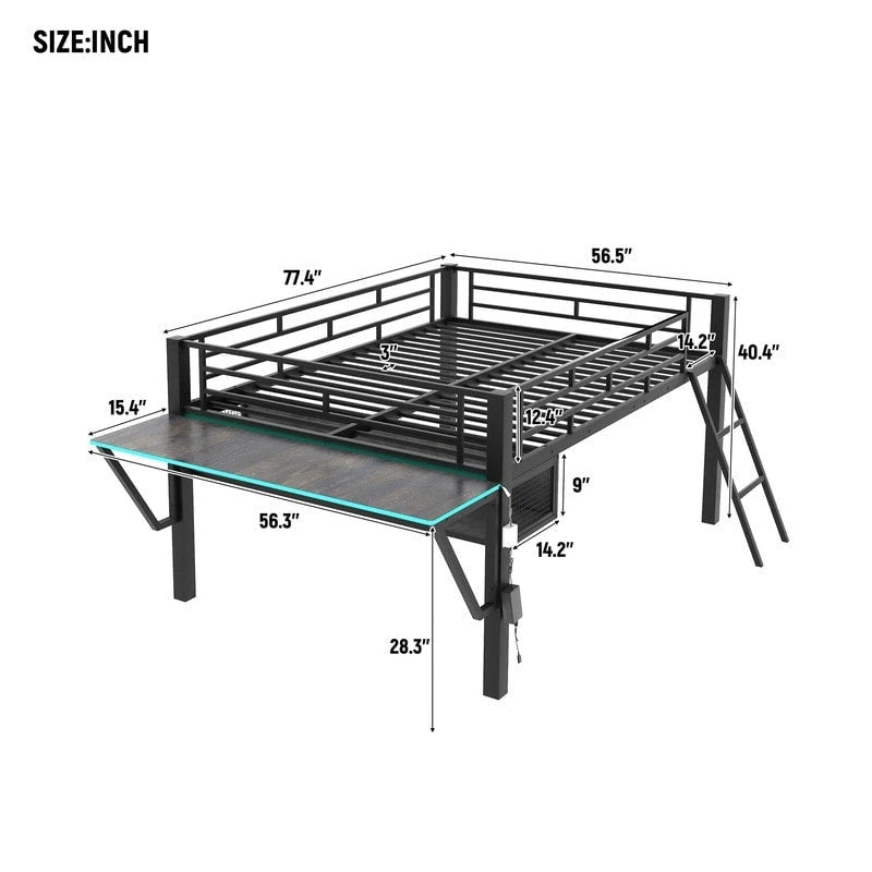 Twin/Full Size Gaming Mid Loft Bed with Gaming Desk and LED Lights, Low Metal Loft Bedframe with Ladder for Kids Teens