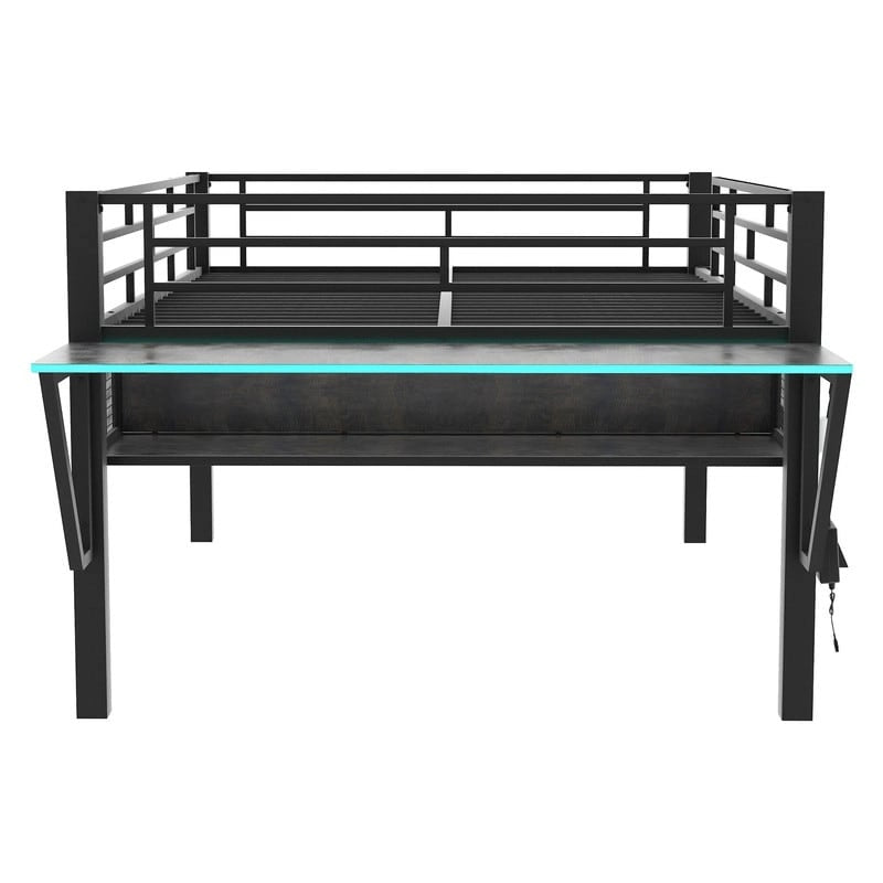 Twin/Full Size Gaming Mid Loft Bed with Gaming Desk and LED Lights, Low Metal Loft Bedframe with Ladder for Kids Teens
