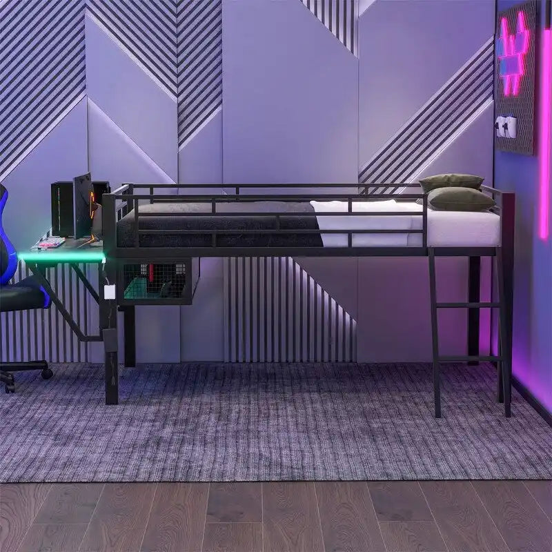 Twin/Full Size Gaming Mid Loft Bed with Gaming Desk and LED Lights, Low Metal Loft Bedframe with Ladder for Kids Teens
