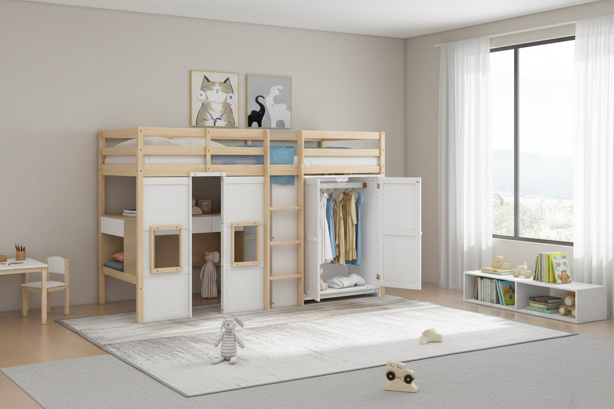 Wood Twin Size Loft Bed with Built-in Storage Wardrobe and 2 Windows