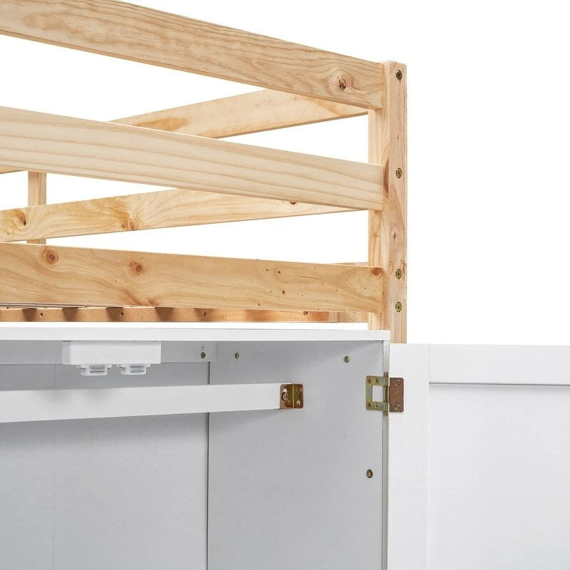 Wood Twin Size Loft Bed with Built-in Storage Wardrobe and 2 Windows