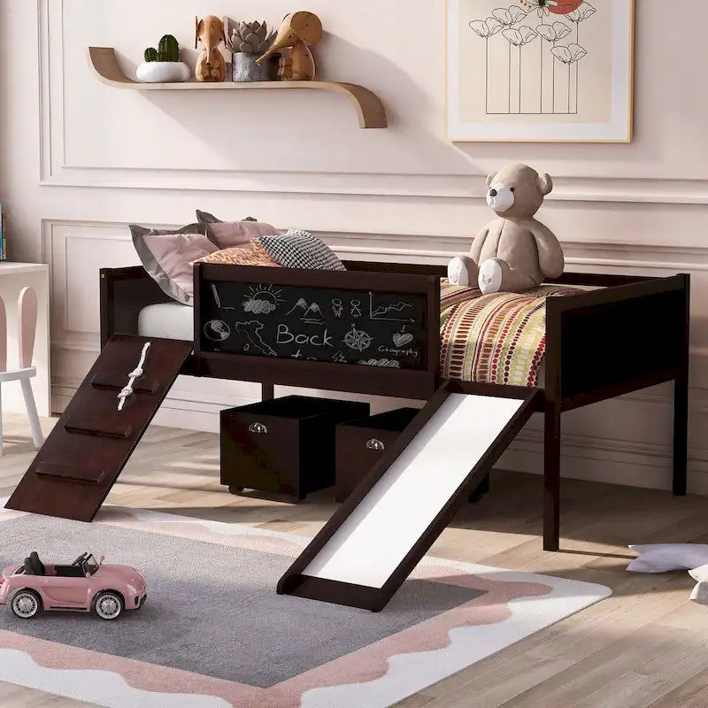 Twin Size Loft Bed Wood Guardrail Bed with Two Storage Boxes and Double-Sided Chalkboard, Climbing Frame & Rope Design