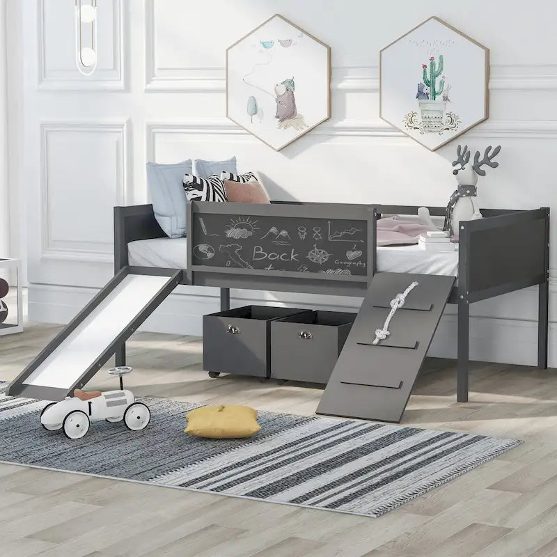 Twin Size Loft Bed Wood Guardrail Bed with Two Storage Boxes and Double-Sided Chalkboard, Climbing Frame & Rope Design