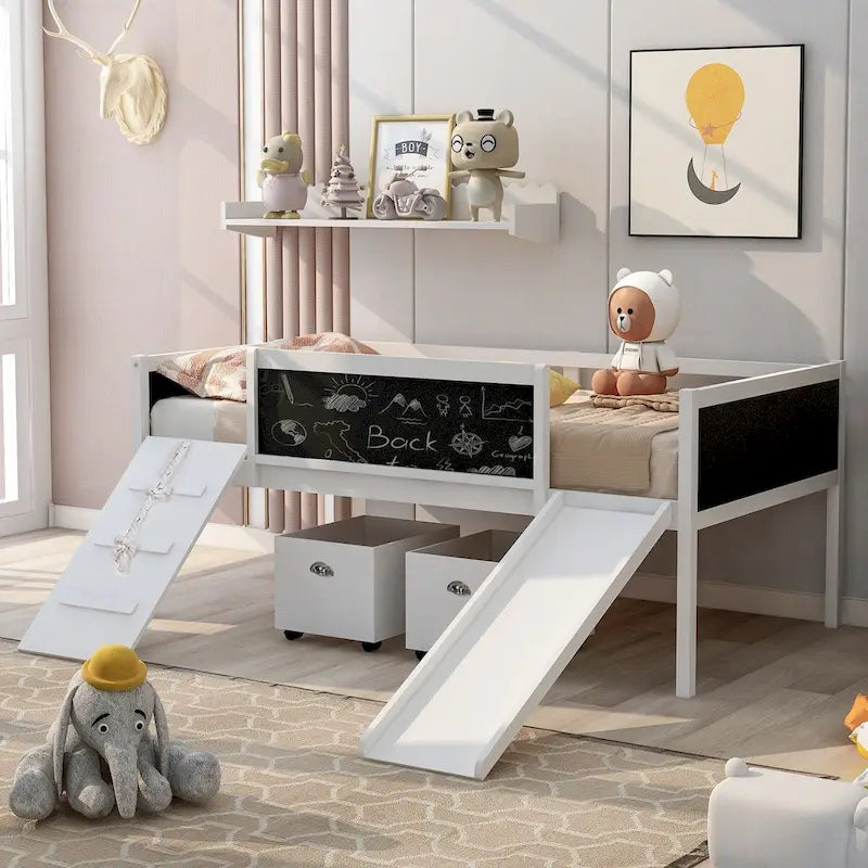 Twin Size Loft Bed Wood Guardrail Bed with Two Storage Boxes and Double-Sided Chalkboard, Climbing Frame & Rope Design