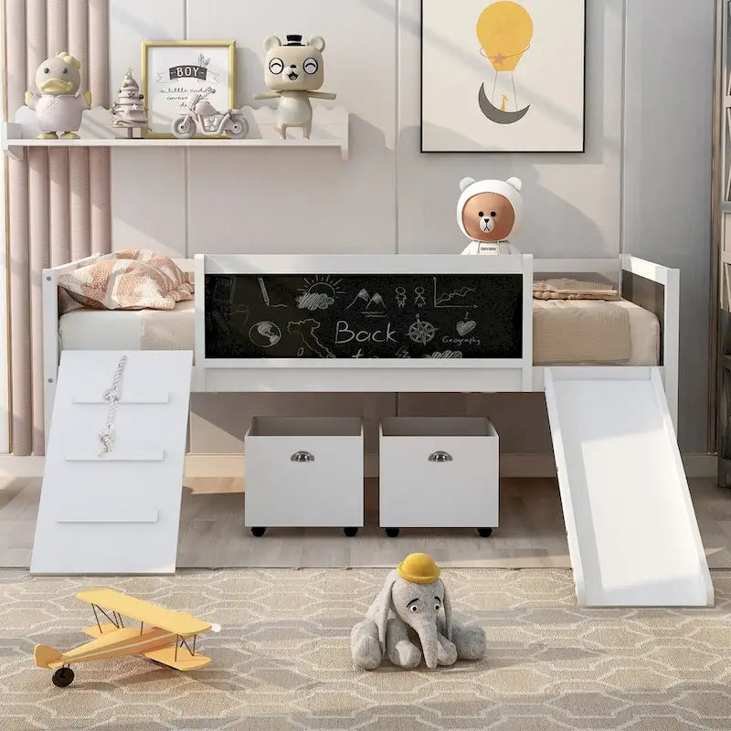 Twin Size Loft Bed Wood Guardrail Bed with Two Storage Boxes and Double-Sided Chalkboard, Climbing Frame & Rope Design