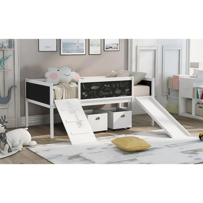 Twin Size Loft Bed Wood Guardrail Bed with Two Storage Boxes and Double-Sided Chalkboard, Climbing Frame & Rope Design