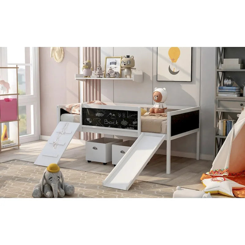 Twin Size Loft Bed Wood Guardrail Bed with Two Storage Boxes and Double-Sided Chalkboard, Climbing Frame & Rope Design