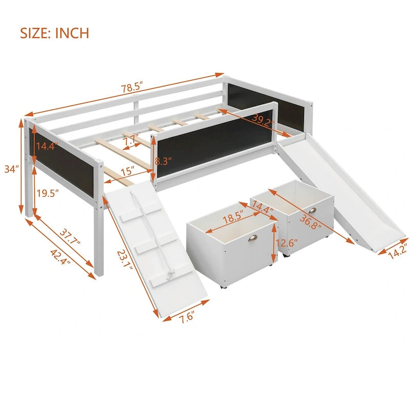 Twin Size Loft Bed Wood Guardrail Bed with Two Storage Boxes and Double-Sided Chalkboard, Climbing Frame & Rope Design