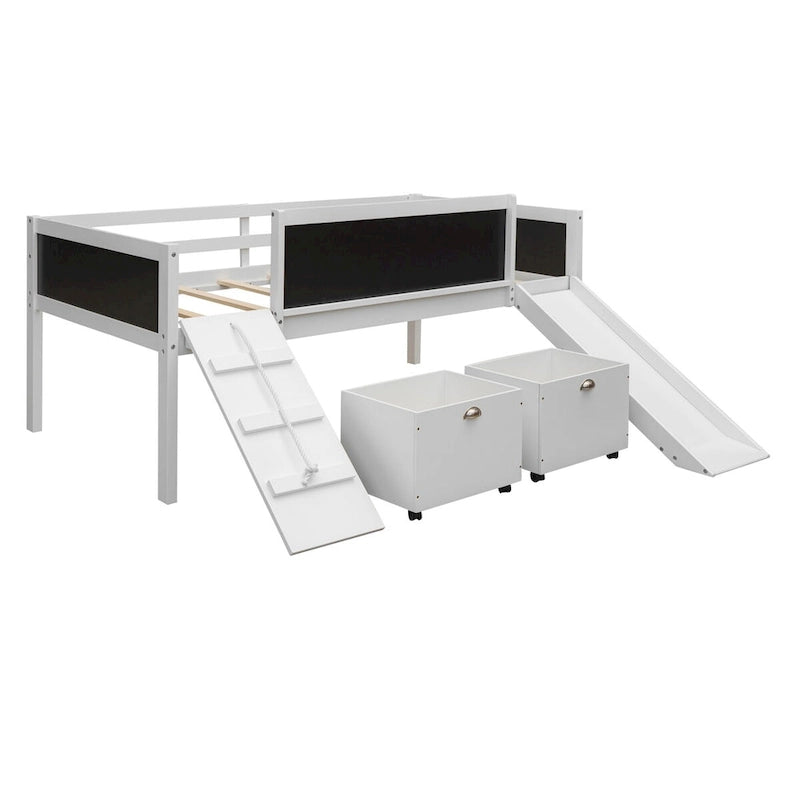Twin Size Loft Bed Wood Guardrail Bed with Two Storage Boxes and Double-Sided Chalkboard, Climbing Frame & Rope Design