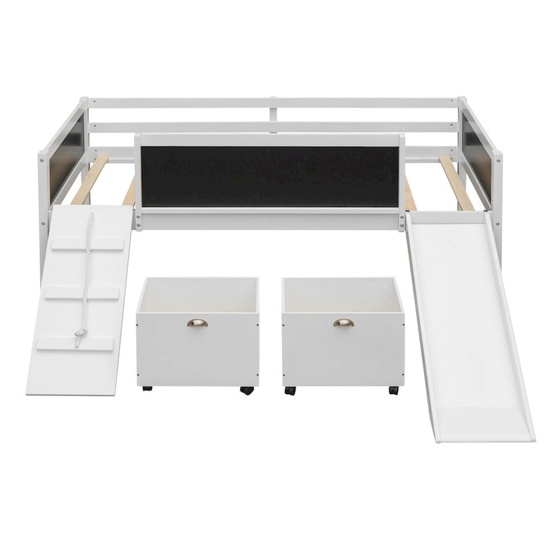 Twin Size Loft Bed Wood Guardrail Bed with Two Storage Boxes and Double-Sided Chalkboard, Climbing Frame & Rope Design