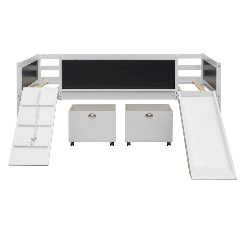 Twin Size Loft Bed Wood Guardrail Bed with Two Storage Boxes and Double-Sided Chalkboard, Climbing Frame & Rope Design