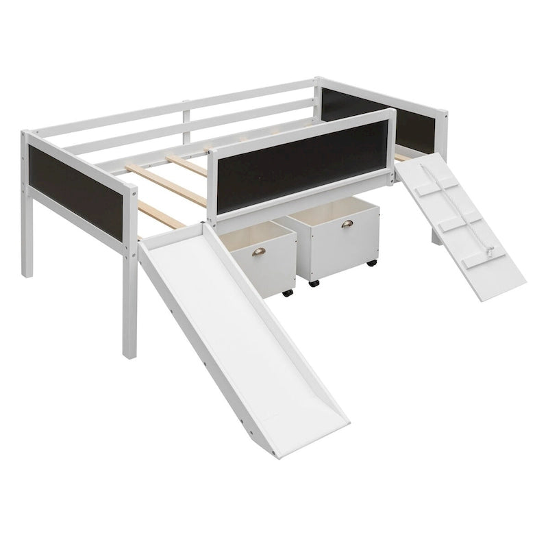Twin Size Loft Bed Wood Guardrail Bed with Two Storage Boxes and Double-Sided Chalkboard, Climbing Frame & Rope Design