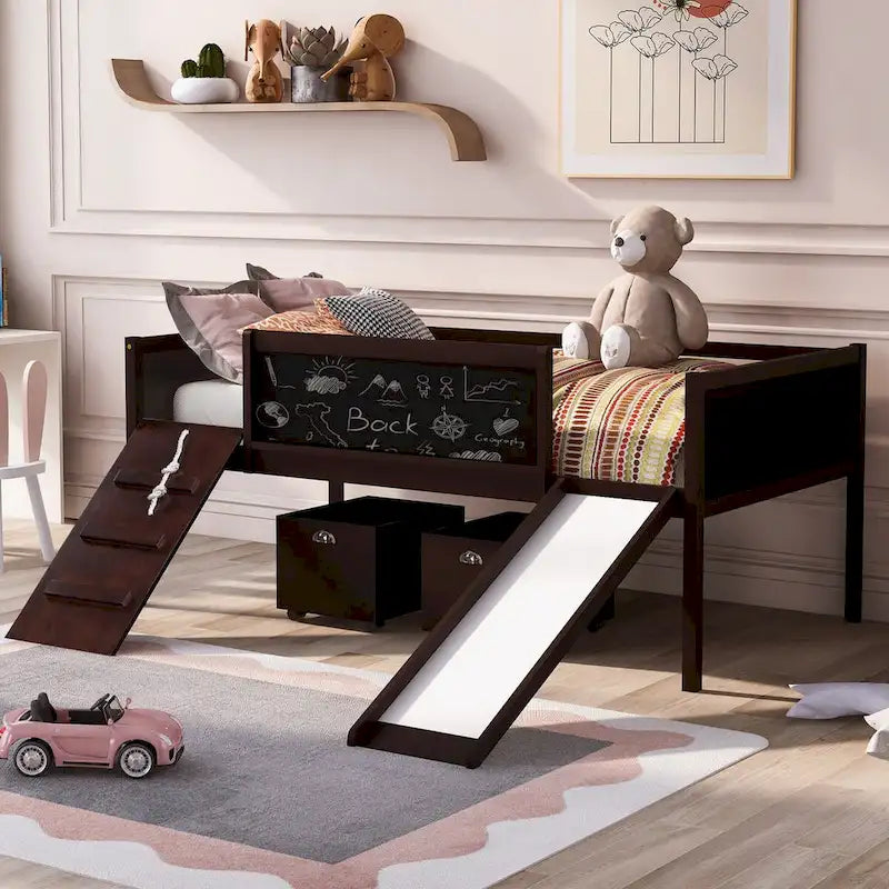 Twin Size Loft Bed Wood Guardrail Bed with Two Storage Boxes and Double-Sided Chalkboard, Climbing Frame & Rope Design