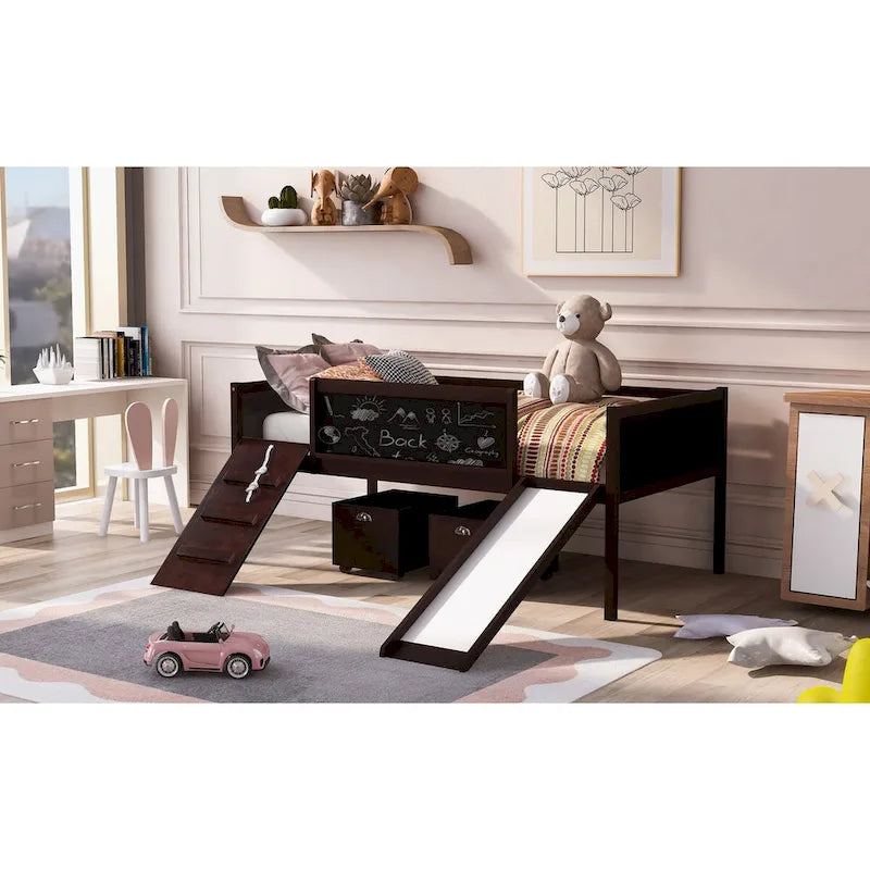 Twin Size Loft Bed Wood Guardrail Bed with Two Storage Boxes and Double-Sided Chalkboard, Climbing Frame & Rope Design