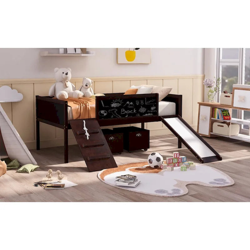 Twin Size Loft Bed Wood Guardrail Bed with Two Storage Boxes and Double-Sided Chalkboard, Climbing Frame & Rope Design