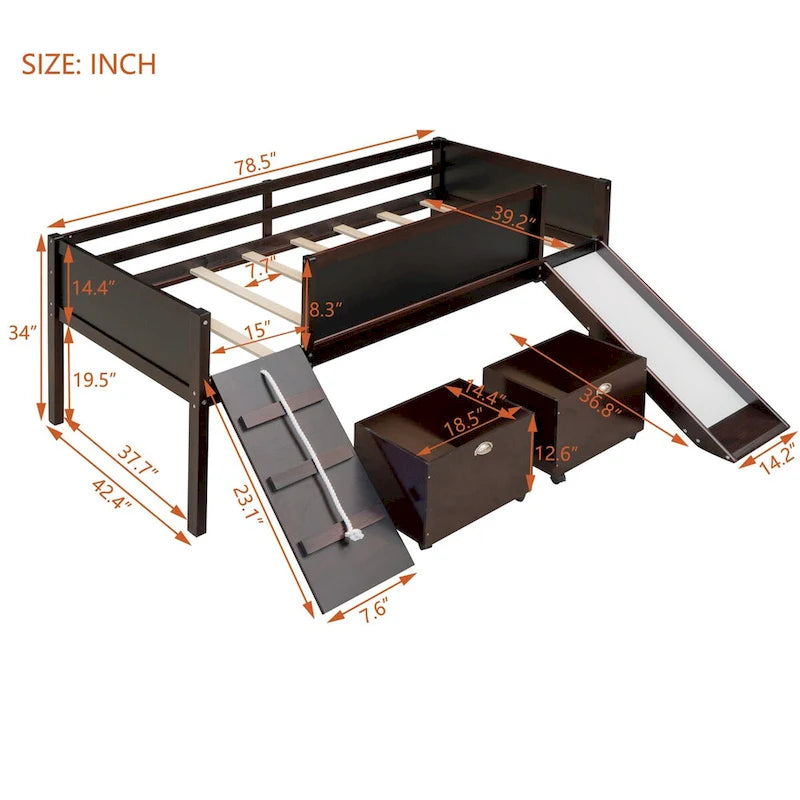 Twin Size Loft Bed Wood Guardrail Bed with Two Storage Boxes and Double-Sided Chalkboard, Climbing Frame & Rope Design