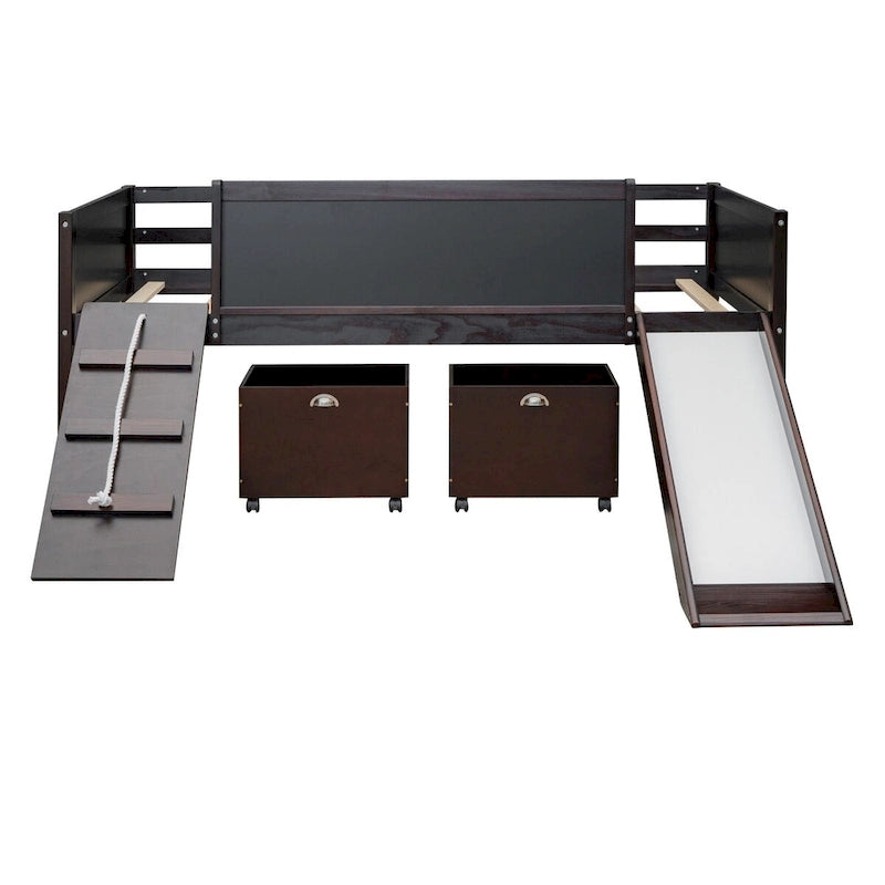 Twin Size Loft Bed Wood Guardrail Bed with Two Storage Boxes and Double-Sided Chalkboard, Climbing Frame & Rope Design