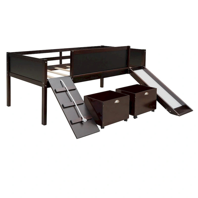 Twin Size Loft Bed Wood Guardrail Bed with Two Storage Boxes and Double-Sided Chalkboard, Climbing Frame & Rope Design