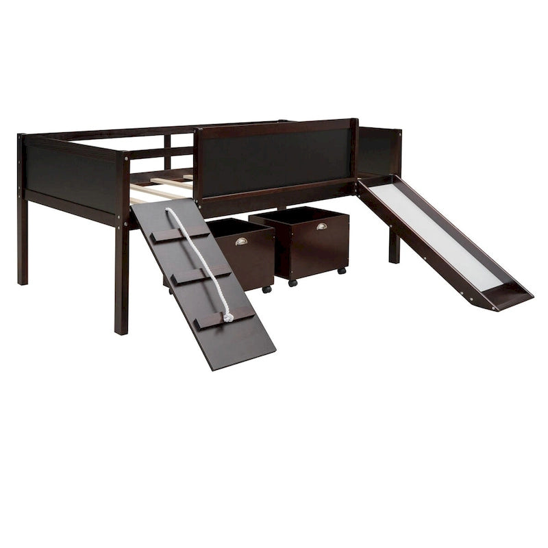Twin Size Loft Bed Wood Guardrail Bed with Two Storage Boxes and Double-Sided Chalkboard, Climbing Frame & Rope Design