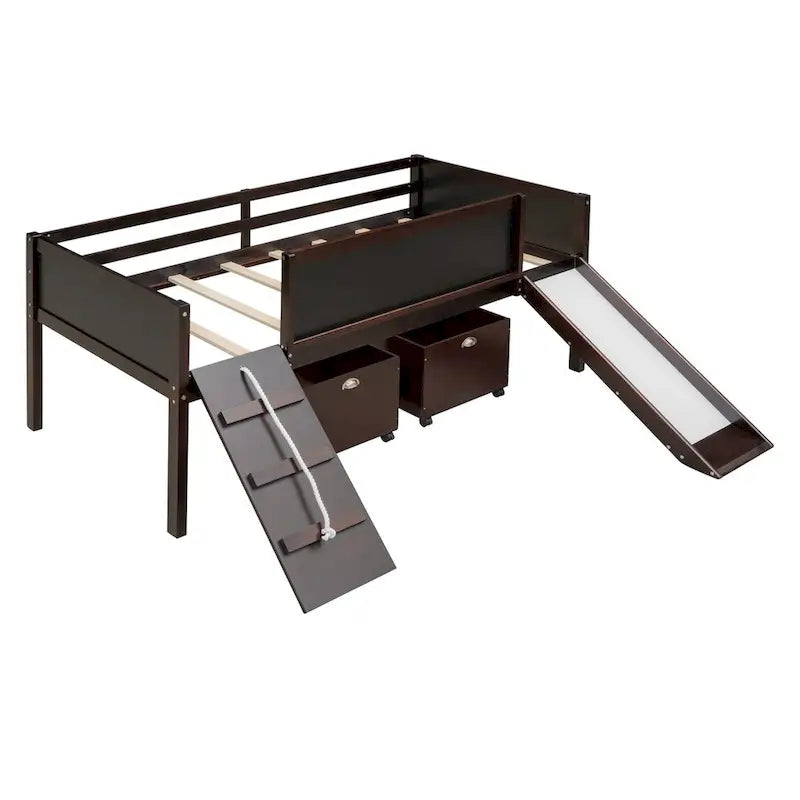 Twin Size Loft Bed Wood Guardrail Bed with Two Storage Boxes and Double-Sided Chalkboard, Climbing Frame & Rope Design