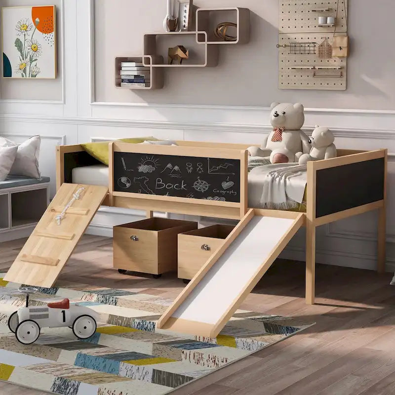 Twin Size Loft Bed Wood Guardrail Bed with Two Storage Boxes and Double-Sided Chalkboard, Climbing Frame & Rope Design