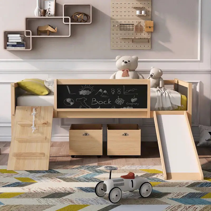 Twin Size Loft Bed Wood Guardrail Bed with Two Storage Boxes and Double-Sided Chalkboard, Climbing Frame & Rope Design