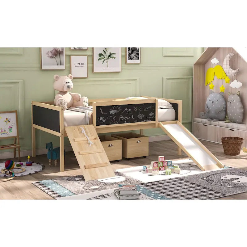 Twin Size Loft Bed Wood Guardrail Bed with Two Storage Boxes and Double-Sided Chalkboard, Climbing Frame & Rope Design