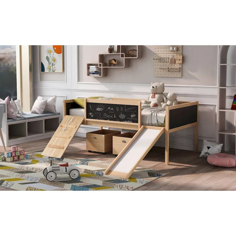 Twin Size Loft Bed Wood Guardrail Bed with Two Storage Boxes and Double-Sided Chalkboard, Climbing Frame & Rope Design