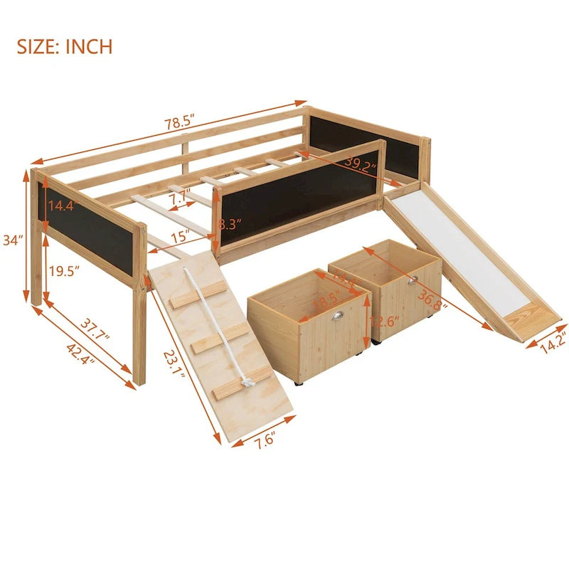 Twin Size Loft Bed Wood Guardrail Bed with Two Storage Boxes and Double-Sided Chalkboard, Climbing Frame & Rope Design