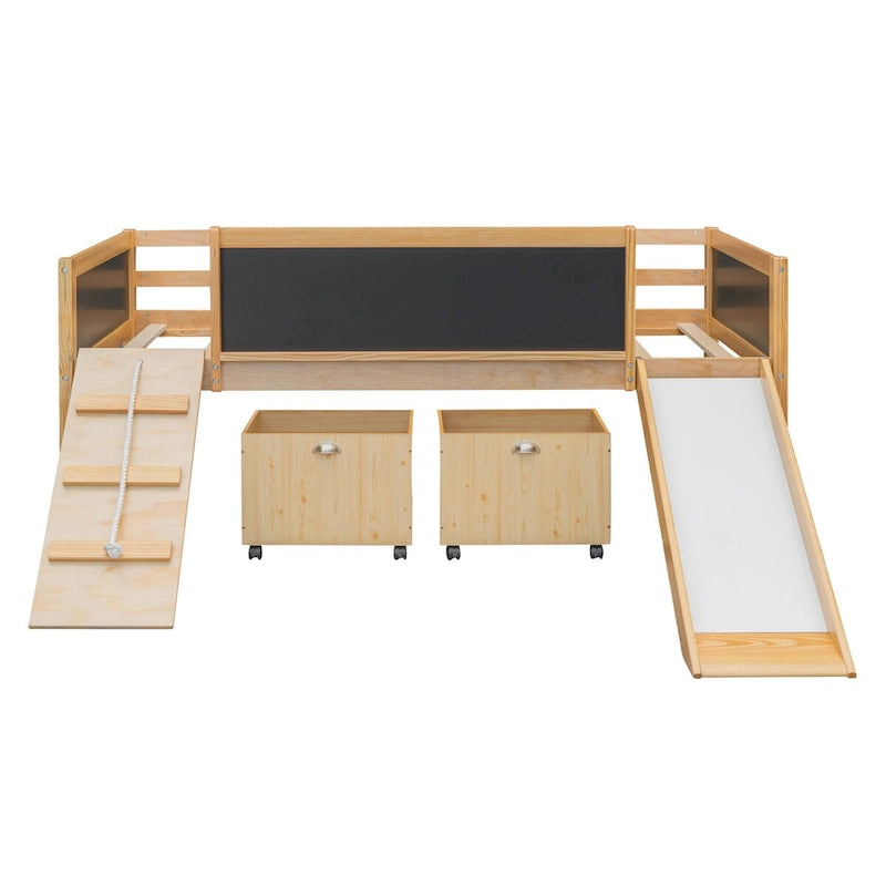 Twin Size Loft Bed Wood Guardrail Bed with Two Storage Boxes and Double-Sided Chalkboard, Climbing Frame & Rope Design