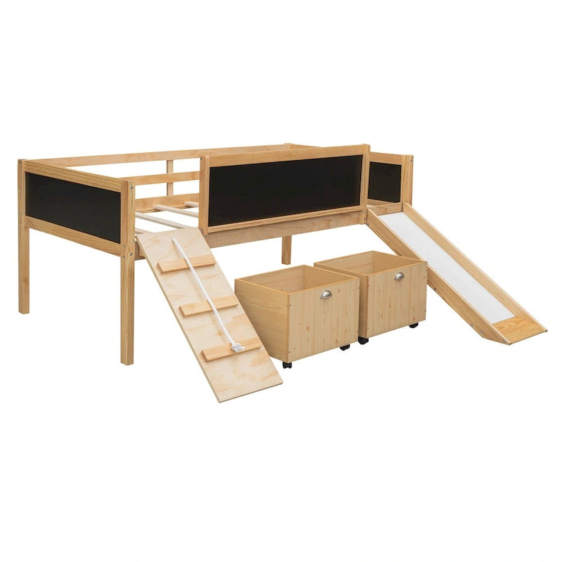 Twin Size Loft Bed Wood Guardrail Bed with Two Storage Boxes and Double-Sided Chalkboard, Climbing Frame & Rope Design