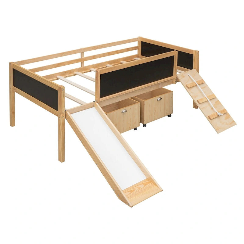 Twin Size Loft Bed Wood Guardrail Bed with Two Storage Boxes and Double-Sided Chalkboard, Climbing Frame & Rope Design