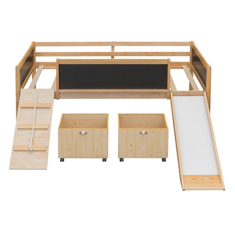 Twin Size Loft Bed Wood Guardrail Bed with Two Storage Boxes and Double-Sided Chalkboard, Climbing Frame & Rope Design