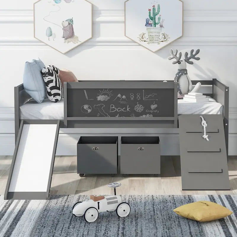 Twin Size Loft Bed Wood Guardrail Bed with Two Storage Boxes and Double-Sided Chalkboard, Climbing Frame & Rope Design