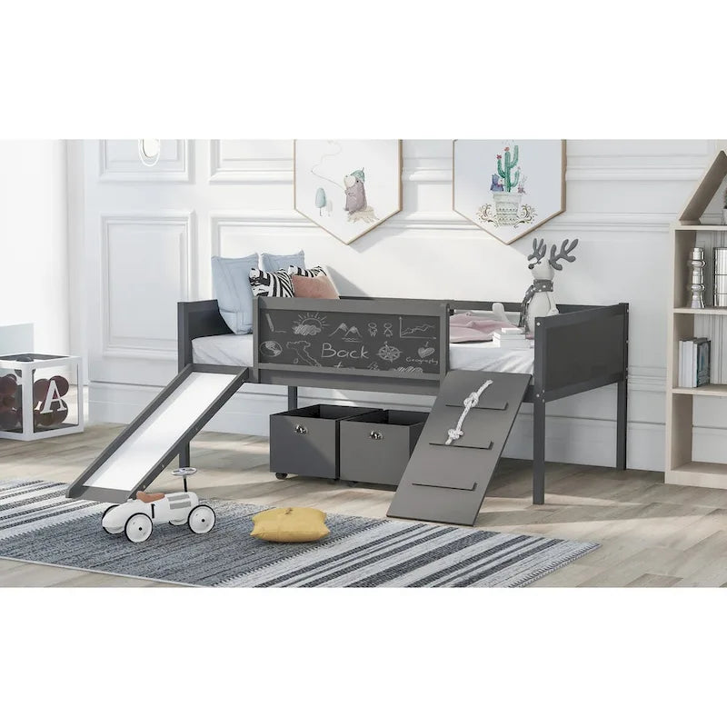 Twin Size Loft Bed Wood Guardrail Bed with Two Storage Boxes and Double-Sided Chalkboard, Climbing Frame & Rope Design