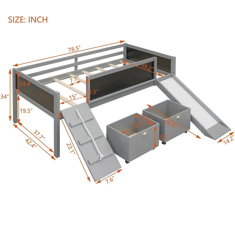 Twin Size Loft Bed Wood Guardrail Bed with Two Storage Boxes and Double-Sided Chalkboard, Climbing Frame & Rope Design