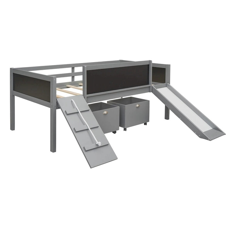 Twin Size Loft Bed Wood Guardrail Bed with Two Storage Boxes and Double-Sided Chalkboard, Climbing Frame & Rope Design