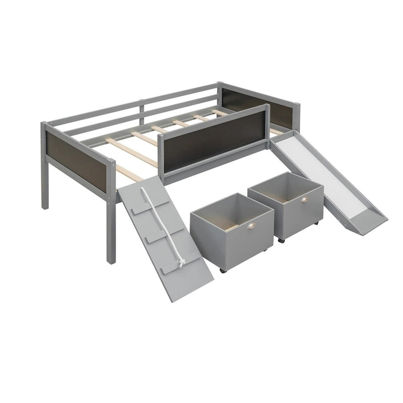 Twin Size Loft Bed Wood Guardrail Bed with Two Storage Boxes and Double-Sided Chalkboard, Climbing Frame & Rope Design