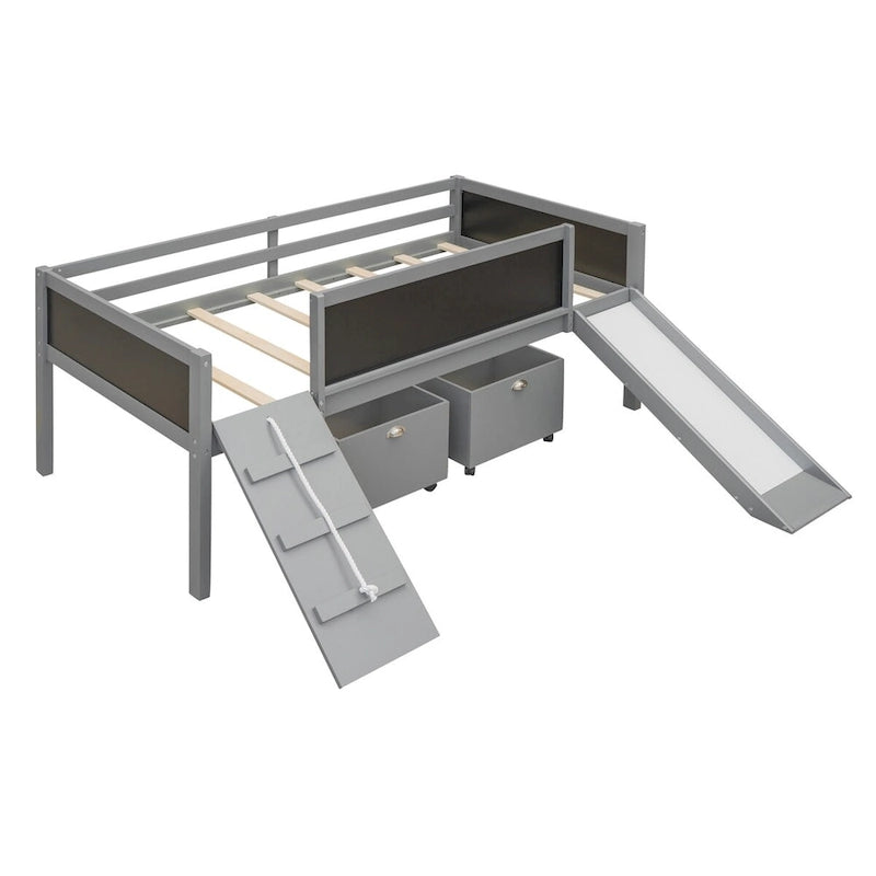 Twin Size Loft Bed Wood Guardrail Bed with Two Storage Boxes and Double-Sided Chalkboard, Climbing Frame & Rope Design