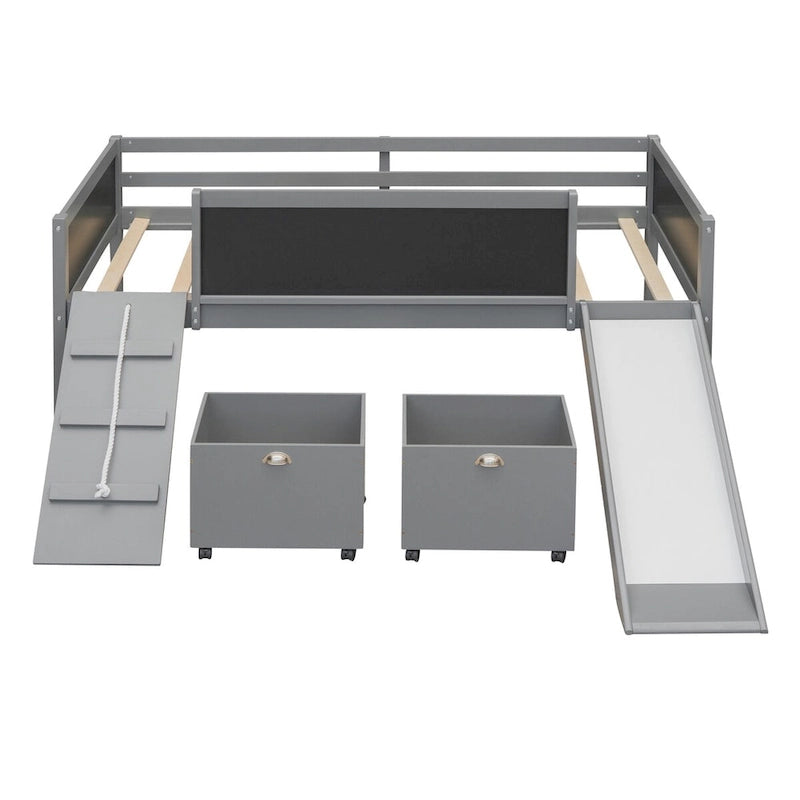 Twin Size Loft Bed Wood Guardrail Bed with Two Storage Boxes and Double-Sided Chalkboard, Climbing Frame & Rope Design