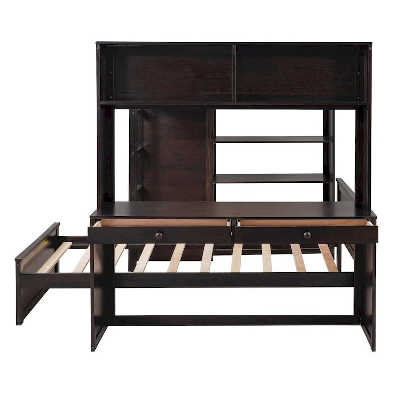 Full Size Loft Bed with a Twin Size Stand-Alone Bed, Shelves and Desk & Wardrobe