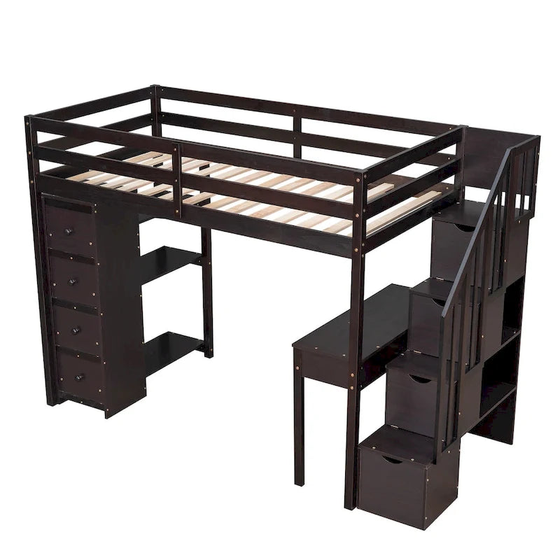 Solid Wood Twin Size Loft Bed with Desk