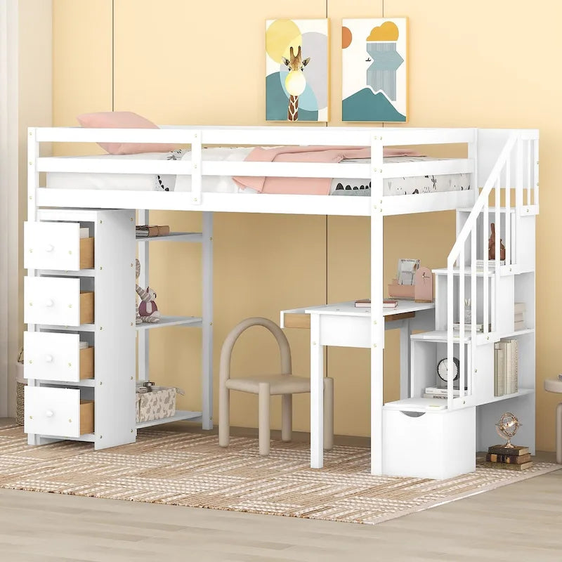 Solid Wood Twin Size Loft Bed with Desk