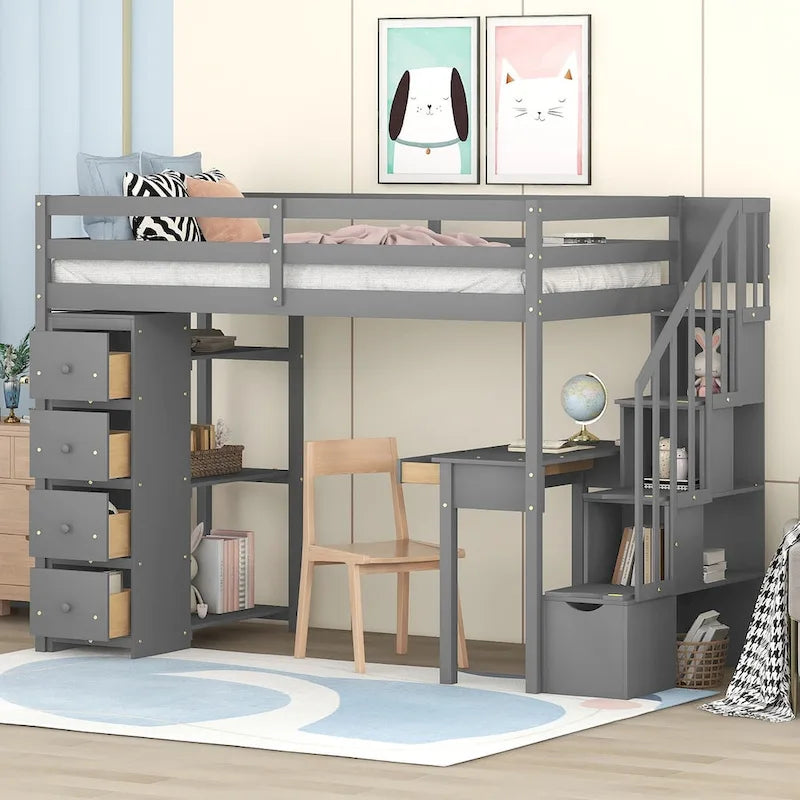 Solid Wood Twin Size Loft Bed with Desk