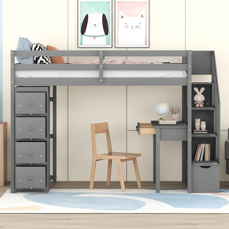 Solid Wood Twin Size Loft Bed with Desk