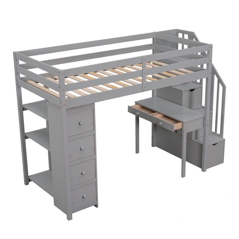 Solid Wood Twin Size Loft Bed with Desk