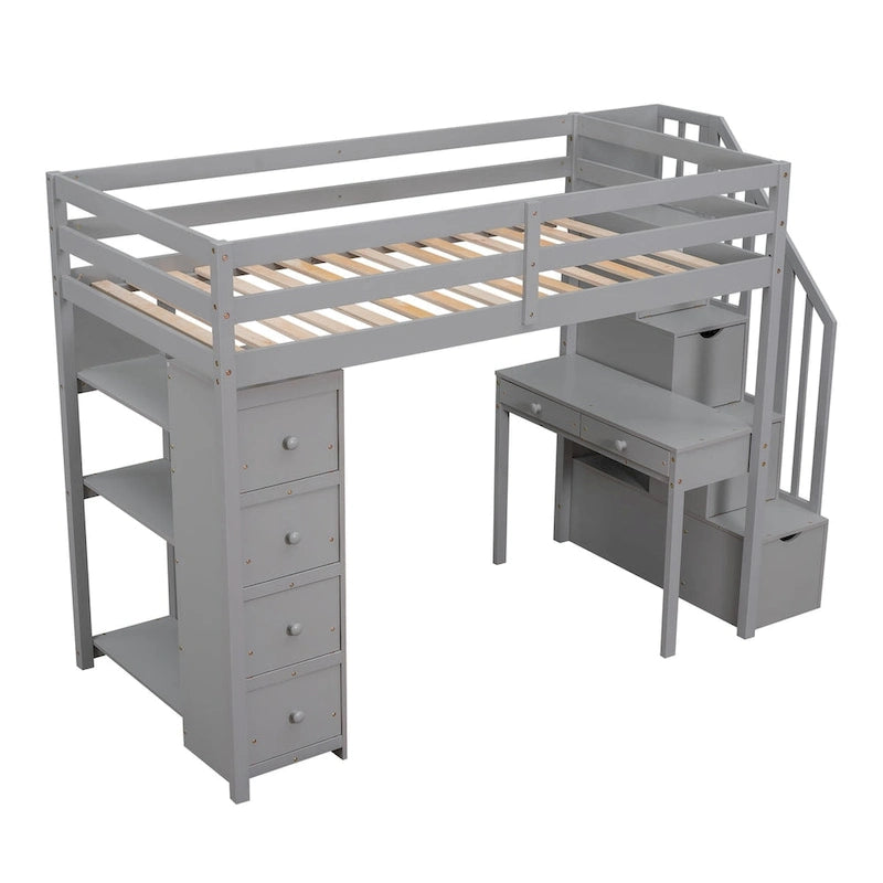 Solid Wood Twin Size Loft Bed with Desk