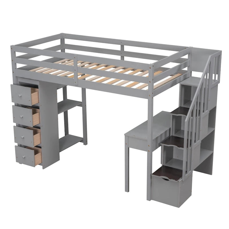 Solid Wood Twin Size Loft Bed with Desk
