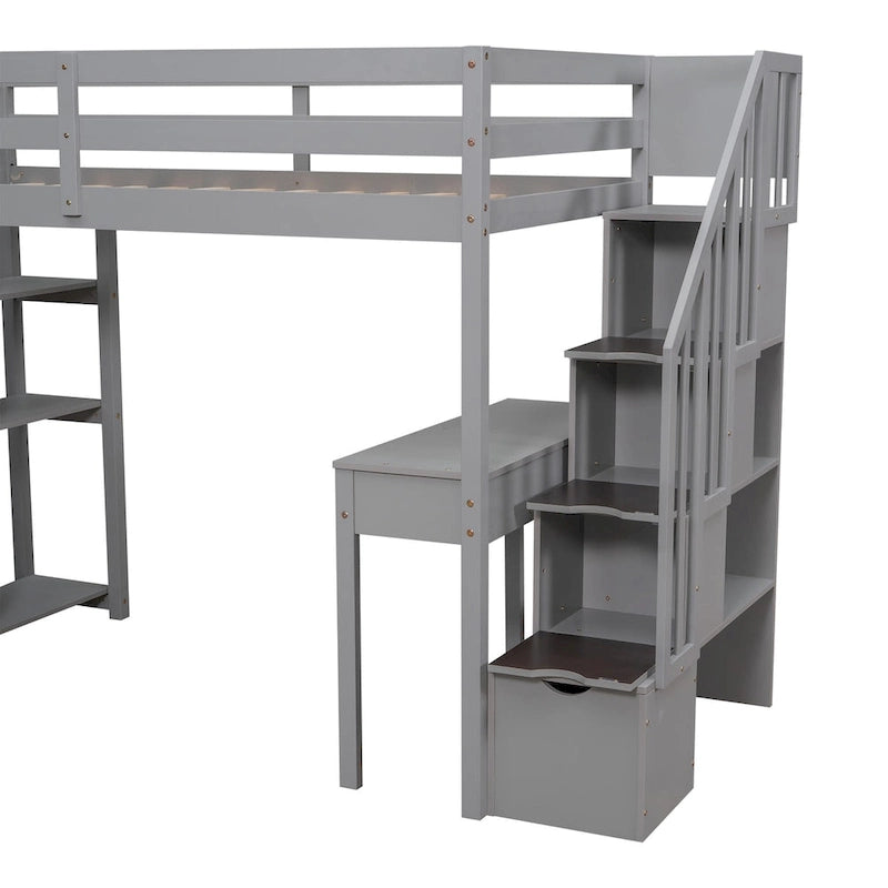 Solid Wood Twin Size Loft Bed with Desk