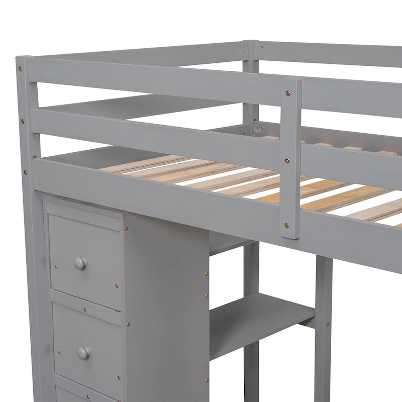 Solid Wood Twin Size Loft Bed with Desk